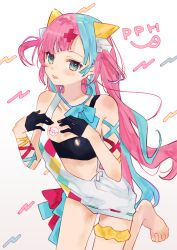 Rule 34 | 1girl, bare shoulders, black gloves, black sports bra, blue eyes, blue hair, blush, bow, bowtie, character name, commentary, dress, gloves, hair ornament, half gloves, highres, long hair, looking at viewer, loose bowtie, multicolored hair, pink hair, pinky pop hepburn, ribbon-trimmed dress, shia job, solo, speech bubble, sports bra, the moon studio, thigh scrunchie, tongue, tongue out, two side up, very long hair, virtual youtuber, white dress, x hair ornament