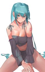 Rule 34 | 1girl, aqua eyes, aqua hair, breasts, camisole, cleavage, cowboy shot, crop top, detached sleeves, grey camisole, grey sleeves, hatsune miku, highres, long hair, looking at viewer, midriff, navel, pokoporoko, ribbon trim, shadow, simple background, solo, very long hair, vocaloid, white background