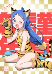 Rule 34 | 1girl, animal ears, animal hands, blue eyes, blue hair, chinese zodiac, claws, dated, fang, gloves, gradient hair, highres, kantai collection, loincloth, long hair, looking at viewer, multicolored hair, one eye closed, open mouth, paw gloves, paw shoes, samidare (kancolle), sitting, skin fang, solo, swept bangs, tail, tiger ears, tiger tail, twitter username, very long hair, wariza, year of the tiger, yokoshima (euphoria)