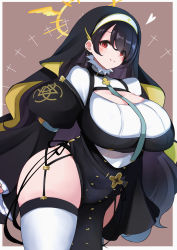 Rule 34 | 10eki (tenchou), 1girl, absurdres, black hair, blue archive, blush, breasts, cleavage cutout, clothing cutout, garter belt, habit, hair over one eye, highres, hinata (blue archive), large breasts, long hair, long sleeves, looking at viewer, nun, pelvic curtain, red eyes, smile, solo, thighhighs, thighs, wavy hair, white thighhighs
