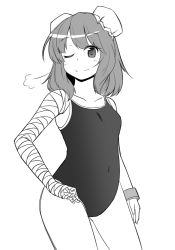 Rule 34 | 1girl, ;), bandaged arm, bandages, belly, blush, breasts, breath, bun cover, competition school swimsuit, cuffs, double bun, ganmaganmo, greyscale, hand on own hip, ibaraki kasen, looking at viewer, monochrome, one-piece swimsuit, one eye closed, school swimsuit, shackles, short hair, small breasts, smile, snort, solo, swimsuit, touhou