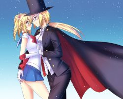 Rule 34 | 2girls, ass, ass grab, asymmetrical docking, bare legs, bishoujo senshi sailor moon, blonde hair, blue eyes, blue sailor collar, blue skirt, blush, bow, bowtie, breast press, breasts, cape, choker, cosplay, earrings, elbow gloves, embarrassed, eye contact, female focus, formal, gloves, grabbing another&#039;s ass, groping, hair ornament, holding hands, hat, interlocked fingers, jewelry, large breasts, legs, long hair, looking at another, magical girl, mask, masquerade, multiple girls, mylovelydevil, original, own hands together, pants, ponytail, purple eyes, red bow, ribbon, sailor collar, sailor moon, sailor moon (cosplay), school uniform, serafuku, short hair, shy, skirt, standing, suit, top hat, tuxedo, tuxedo kamen, tuxedo kamen (cosplay), twintails, white gloves, yuri
