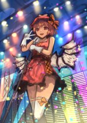 Rule 34 | 1girl, berabou, bird wings, dress, gloves, hat, hat feather, highres, idol, microphone stand, mob cap, mystia lorelei, pink eyes, pink hair, short dress, short hair, solo, thighhighs, touhou, v, white thighhighs, wings