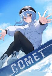 Rule 34 | 1girl, absurdres, blue eyes, blue hair, blush, day, fawny, goggles, goggles on head, hair between eyes, highres, hololive, hoshimachi suisei, looking at viewer, medium hair, outdoors, sky, smile, snowboard, solo, star (symbol), star in eye, symbol in eye, virtual youtuber