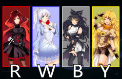 Rule 34 | 4girls, ahoge, alternate breast size, arms behind back, black bow, black dress, black hair, black legwear, blake belladonna, blonde hair, blue dress, blue eyes, boots, bow, breasts, breasts apart, brown legwear, cape, capelet, cleavage, collarbone, contrapposto, copyright name, dress, floating hair, frilled boots, frills, garter straps, grey background, grey eyes, hair bow, head tilt, high ponytail, highres, jewelry, large breasts, long hair, looking at viewer, medium breasts, midriff, multiple girls, necklace, only haruka, pantyhose, parted lips, purple eyes, red cape, red hair, ruby rose, rwby, short dress, short hair, shorts, silver hair, simple background, standing, stomach, thighhighs, very long hair, wallpaper, weiss schnee, white shorts, yang xiao long, yellow eyes