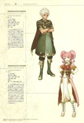 Rule 34 | 1boy, 1girl, armor, boey (fire emblem), breastplate, brown eyes, cape, circlet, dark skin, dark-skinned male, dress, fire emblem, fire emblem echoes: shadows of valentia, full body, gloves, hidari (left side), highres, long hair, mae (fire emblem), nintendo, non-web source, official art, open mouth, pink hair, red eyes, smile, tabard, twintails, white hair