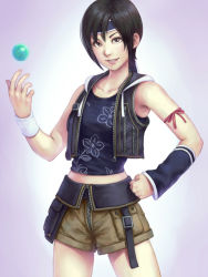 Rule 34 | 1girl, arm ribbon, black hair, cropped legs, eply, final fantasy, final fantasy vii, final fantasy vii advent children, floral print, hand on own hip, headband, hood, hood down, looking at viewer, materia, midriff, parted lips, ribbon, short hair, short shorts, shorts, sleeveless, smile, solo, vest, wristband, yuffie kisaragi