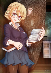 Rule 34 | 1girl, black necktie, black pantyhose, blonde hair, blue eyes, blue skirt, blush, book, braid, breasts, cameltoe, collarbone, covered erect nipples, darjeeling (girls und panzer), french braid, girls und panzer, glasses, highres, impossible clothes, impossible skirt, indoors, large breasts, looking at viewer, megadeko, miniskirt, necktie, open mouth, pantyhose, pleated skirt, school uniform, skirt, sky, smile, solo, st. gloriana&#039;s school uniform, star (sky), starry sky, window
