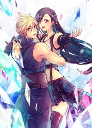 Rule 34 | 1boy, 1girl, armor, bare shoulders, black gloves, black hair, black skirt, black thighhighs, blonde hair, blue eyes, cloud strife, couple, crop top, crystal, earrings, final fantasy, final fantasy vii, final fantasy vii remake, fingerless gloves, gloves, hug, jewelry, long hair, minato (ct 777), open hand, open mouth, outstretched arm, red eyes, ribbed sweater, shoulder armor, single bare shoulder, single earring, skirt, sleeveless, sleeveless turtleneck, spiked hair, suspender skirt, suspenders, sweater, swept bangs, tank top, thighhighs, tifa lockhart, turtleneck, turtleneck sweater, twitter username, white tank top, zettai ryouiki