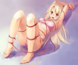 Rule 34 | 00s, 1girl, aged up, armpits, arms up, barefoot, bdsm, bondage, bound, bound wrists, bra, breasts, covered erect nipples, fate/stay night, fate (series), feet, illyasviel von einzbern, lingerie, long hair, lying, medium breasts, on back, open mouth, panties, red eyes, shibari, solo, tani, toes, underwear, underwear only