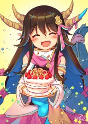 Rule 34 | 1girl, :d, black hair, blue hair, detached sleeves, dragon horns, dragon tail, dress, closed eyes, fang, female focus, happy birthday, highres, horns, long hair, mitake eil, multicolored hair, official art, open mouth, pointy ears, signature, smile, solo, tail, tsukiyomi soru, tsukiyomi soru (character), virtual youtuber