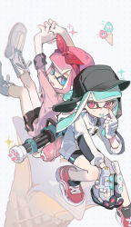 Rule 34 | 2girls, :p, akanbe, arms up, aviator cap, bike shorts, black headwear, black shorts, blue eyes, blue hair, blue pupils, blunt bangs, boots, bow, closed mouth, commentary request, eyelid pull, fang, fingerless gloves, flower, gloves, hair bow, headband, holding, holding weapon, ice cream cone, inkling, inkling girl, inkling player character, jacket, long hair, mini splatling (splatoon), multiple girls, nintendo, open mouth, pink eyes, pink hair, pink shirt, red bow, red flower, red headband, shirt, shorts, skin fang, sleeves rolled up, sparkle, splatoon (series), standing, standing on one leg, stretching, suymix320, tentacle hair, tetra dualies (splatoon), tongue, tongue out, weapon, white background, white footwear, white gloves, white jacket