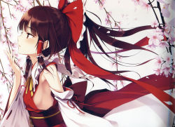 Rule 34 | 1girl, absurdres, adapted costume, armpits, ascot, bare shoulders, blouse, blunt bangs, blurry, bow, breasts, brown eyes, brown hair, cherry blossoms, collared shirt, covered erect nipples, depth of field, detached sleeves, female focus, from side, hair bow, hair tubes, hakurei reimu, half-closed eyes, half updo, hand to own mouth, highres, ke-ta, long hair, no bra, non-web source, outdoors, ponytail, red shirt, shirt, sideboob, sleeveless, sleeveless shirt, small breasts, solo, touhou, two-sided fabric, white background