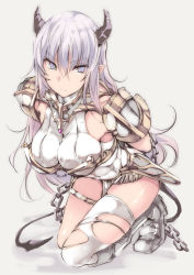 Rule 34 | 1girl, armor, arms behind back, bad id, bad pixiv id, breasts, chain, demon girl, demon tail, highres, horns, kneeling, large breasts, light purple hair, long hair, original, pauldrons, pointy ears, purple eyes, restrained, shoulder armor, single thighhigh, solo, tail, thighhighs, torn clothes, torn thighhighs, touma kisa, very long hair, white thighhighs