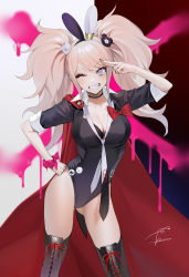Rule 34 | 1girl, ;d, absurdres, animal ears, arm up, black leotard, black thighhighs, blue eyes, boots, breasts, brown hair, cape, choker, cleavage, commentary request, contrapposto, cowboy shot, cross-laced footwear, danganronpa (series), enoshima junko, fake animal ears, gluteal fold, grin, hair ornament, hand on own hip, highleg, highleg leotard, highres, lace-up boots, large breasts, leotard, long hair, looking at viewer, necktie, ohisashiburi, one eye closed, open mouth, pink ribbon, playboy bunny, purple eyes, rabbit ears, ribbon, short sleeves, signature, smile, solo, spoilers, spray paint, standing, thigh boots, thighhighs, thighs, twintails, white necktie, wrist ribbon