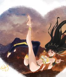 Rule 34 | 1girl, ;p, absurdres, anklet, armlet, asymmetrical clothes, barefoot, black hair, black shorts, breasts, bustier, crown, dated, detached sleeves, earrings, falling, fate/grand order, fate (series), full body, highres, hoop earrings, index finger raised, ishtar (fate), jewelry, long hair, long legs, looking at viewer, mountainous horizon, narrow waist, neck ring, one eye closed, parted bangs, plantar flexion, red eyes, shi boyuan, short shorts, shorts, single detached sleeve, single thighhigh, small breasts, solo, stirrup legwear, thighhighs, toeless legwear, tongue, tongue out, two side up