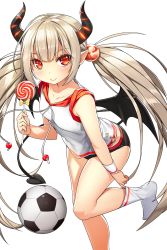Rule 34 | 1girl, adjusting clothes, adjusting legwear, artist request, ball, candy, demon horns, demon tail, food, hair bobbles, hair ornament, highres, horns, light brown hair, lollipop, long hair, looking at viewer, official art, pointy ears, red eyes, renee (soccer spirits), smile, soccer ball, soccer spirits, socks, solo, standing, standing on one leg, tail, transparent background, twintails, white socks, wings