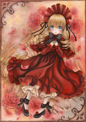 Rule 34 | 1girl, ankle ribbon, artist name, blonde hair, blue eyes, blush, bonnet, border, bow, colored pencil (medium), dated, dress, drill hair, flower, frilled dress, frills, hair ribbon, hands on own chest, leg ribbon, long hair, looking at viewer, mosho, open mouth, painting (medium), pantyhose, petals, red dress, ribbon, rose, rozen maiden, shinku, signature, solo, traditional media, very long hair, watercolor (medium), white pantyhose