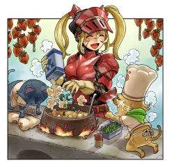Rule 34 | animal, armor, blonde hair, capcom, cat, chef, cooking, closed eyes, felyne, food, gloves, happy, hermitaur (armor), mimonel, monster hunter (series), prostration, scar, tears, twintails