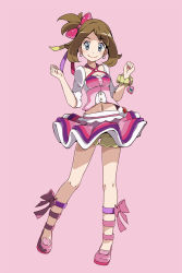 Rule 34 | 1girl, bow, bracelet, breasts, brown hair, cleavage, clenched hands, closed mouth, commentary, creatures (company), earrings, eyelashes, full body, game freak, grey eyes, hair bow, hair ribbon, hands up, heart, jewelry, knees, light blush, looking at viewer, may (pokemon), medium hair, multicolored clothes, multicolored skirt, nail polish, navel, nintendo, pink background, pink bow, pink footwear, pink nails, pink ribbon, pokemon, pokemon oras, purple ribbon, ribbon, shoes, shorts, shorts under skirt, simple background, skirt, smile, solo, tsukishiro saika, yellow ribbon, yellow shorts