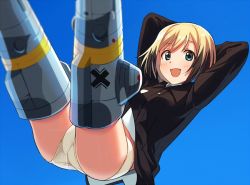 Rule 34 | 1girl, :d, arms behind head, arms up, asada hachi, black jacket, blonde hair, blue background, blue eyes, bob cut, erica hartmann, jacket, long sleeves, looking at viewer, military, military uniform, open mouth, panties, short hair, smile, solo, strike witches, striker unit, underwear, uniform, white panties, world witches series