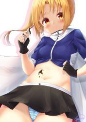 Rule 34 | 1girl, azur lane, black skirt, blonde hair, blue shirt, blush, breasts, candy, chocolate, chocolate bar, chocolate on body, clevelad (azur lane), cleveland (azur lane), eating, embarrassed, fingerless gloves, food, food on body, frown, gloves, highres, holding, holding chocolate, holding food, looking at viewer, lying, medium hair, midriff, navel, on back, one side up, panties, pantyshot, pleated skirt, red eyes, shirt, short sleeves, sidelocks, skirt, small breasts, solo, striped clothes, striped panties, underwear, yorugami rei