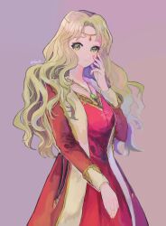 blonde_hair circlet dress fes4 fire_emblem fire_emblem:_the_binding_blade gem gold_circlet gold_necklace green_gemstone guinevere_(fire_emblem) jewelry long_hair necklace nintendo princess queen red_dress red_gemstone yellow_eyes