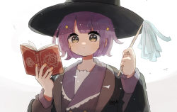Rule 34 | 1girl, blunt bangs, blush stickers, book, grimoire, hair ornament, hat, highres, holding, holding book, holding wand, lace trim, long sleeves, nail polish, original, purple hair, robe, sailor collar, short hair, solo, star (symbol), star hair ornament, wand, witch, witch hat, wolf gugu, yellow eyes