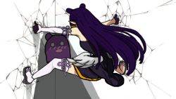 Rule 34 | 1girl, black dress, black gloves, blue hair, blush, cicada block (meme), commentary, crack, cracked wall, detached sleeves, dress, english commentary, fang, from behind, gloves, gubulus gost, halo, hololive, hololive english, kabedon, long hair, low wings, meme, ninomae ina&#039;nis, ninomae ina&#039;nis (1st costume), open mouth, parody, platform footwear, sandals, single detached sleeve, single thighhigh, takodachi (ninomae ina&#039;nis), thighhighs, very long hair, virtual youtuber, wings, you&#039;re doing it wrong