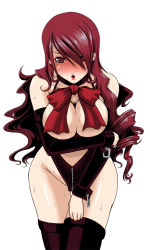 Rule 34 | 1girl, atlus, bdsm, blush, bondage, bound, bow, bowtie, breast rest, breasts squeezed together, breasts, elbow gloves, gloves, hair over one eye, kirijou mitsuru, large breasts, leaning forward, leather, long hair, midriff, persona, persona 3, red hair, solo, sweat, thighhighs