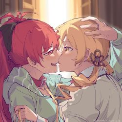 Rule 34 | 2girls, after kiss, blonde hair, blue jacket, blush, bow, collar, collarbone, drill hair, eye contact, fangs, from side, hair bow, hair ribbon, hand on another&#039;s head, high ponytail, highres, holding, holding leash, jacket, jewelry, juliet sleeves, leash, long hair, long sleeves, looking at another, mahou shoujo madoka magica, mahou shoujo madoka magica (anime), medium hair, mitakihara school uniform, multiple girls, open mouth, portrait, puffy sleeves, red collar, red eyes, red hair, ribbon, ring, sakura kyoko, saliva, saliva trail, school uniform, smile, sweatdrop, tomoe mami, twin drills, yellow eyes, yellow jacket, yuri, zocehuy