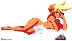 Rule 34 | 1girl, apron, barefoot, blonde hair, blush, breasts, cake, cleavage, dark-skinned female, dark skin, dirty pair, dirty pair flash, feet, food, green eyes, head rest, kei (dirty pair), kei (dirty pair flash), lying, medium breasts, morganagod, multicolored hair, naked apron, narrow waist, on side, orange hair, sideboob, solo, spiked hair, strap gap, toes, two-tone hair, white background