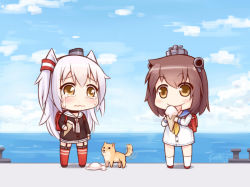 Rule 34 | 10s, 2girls, afterimage, amatsukaze (kancolle), brown eyes, brown hair, chibi, crying, doge, dress, food, garter straps, hair ornament, ice cream, ice cream cone, kantai collection, langbazi, licking, long hair, multiple girls, personification, sailor dress, school uniform, serafuku, shiba inu, short dress, short hair, silver hair, spill, striped clothes, striped legwear, striped thighhighs, tail, tail wagging, tears, thighhighs, twintails, two side up, wavy mouth, yukikaze (kancolle), zettai ryouiki