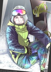 Rule 34 | 1boy, alternate costume, black eyes, black hair, blue jacket, blue pants, collared jacket, decoy00xx, facial hair, facial scar, feet out of frame, goatee, goggles, goggles on head, golden kamuy, hair strand, hood, hood up, jacket, crossed legs, light smile, long sleeves, looking at viewer, male focus, ogata hyakunosuke, pants, scar, scar on cheek, scar on face, short hair, sitting, solo, stubble, winter clothes