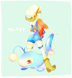 Rule 34 | 00s, 1girl, ass, bad id, bad pixiv id, boots, brown eyes, brown hair, cowboy boots, creature, creatures (company), fish, from behind, full body, game freak, gen 2 pokemon, green background, hat, lanturn, looking at viewer, looking back, lyra (pokemon), nintendo, pokemon, pokemon (creature), pokemon hgss, profile, red eyes, simple background, standing, suspenders, text focus, thighhighs, todamoto, twintails