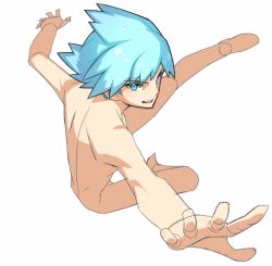 Rule 34 | 10s, 1boy, blue eyes, blue hair, creatures (company), game freak, male focus, matching hair/eyes, nintendo, nude, open mouth, outstretched arm, outstretched hand, pokemon, pokemon oras, saitou naoki, simple background, sketch, solo, steven stone, white background
