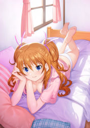Rule 34 | 1girl, absurdres, barefoot, blue eyes, breasts, cleavage, closed mouth, commentary request, curtains, hair between eyes, hair ribbon, highres, houjou hibiki, kazuma muramasa, long hair, looking at viewer, lying, medium breasts, on stomach, orange hair, pink ribbon, precure, ribbon, smile, soles, suite precure, under covers, window