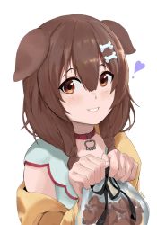 Rule 34 | !, 1girl, animal collar, animal ears, artist name, bag, black ribbon, blush, bone hair ornament, braid, brown eyes, brown hair, collar, cookie, dog ears, food, gift bag, hair ornament, heart, highres, holding, holding bag, hololive, hoso-inu, inugami korone, inugami korone (1st costume), jacket, kairukero, listener (inugami korone), looking at viewer, low twintails, off shoulder, parted lips, paw pendant, ribbon, simple background, smile, solo, twin braids, twintails, virtual youtuber, white background, yellow jacket