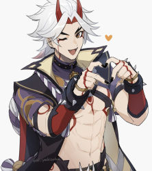 Rule 34 | 1boy, abs, arataki itto, belt, black nails, bodypaint, ear piercing, facepaint, fangs, fingernails, genshin impact, grey hair, heart, heart hands, horns, japanese clothes, long hair, looking at viewer, male focus, multicolored hair, nail polish, o-ring, one eye closed, oni yakisoba, open mouth, orange eyes, piercing, red hair, red horns, sharp fingernails, simple background, smile, solo, toned, toned male, twitter username, upper body, vision (genshin impact)