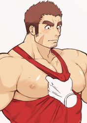 Rule 34 | 1boy, assisted exposure, bara, bare pectorals, bare shoulders, blush, brown hair, clothes pull, disembodied limb, facial hair, facial scar, frown, goatee, tamamura gunzo, harada (basashi), large pectorals, long sideburns, male focus, mature male, muscular, muscular male, nipples, pectorals, red tank top, scar, scar on cheek, scar on chest, scar on face, shirt pull, short hair, sideburns, solo focus, spiked hair, stubble, tank top, thick eyebrows, tokyo houkago summoners, upper body