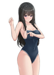 Rule 34 | 1girl, absurdres, adjusting clothes, adjusting swimsuit, armpit crease, bang dream!, bare arms, bare shoulders, black hair, blue one-piece swimsuit, blush, breasts, cleavage, collarbone, commentary, competition school swimsuit, covered navel, cowboy shot, groin, hands up, highres, large breasts, long hair, looking at viewer, one-piece swimsuit, parted lips, ptal, purple eyes, raised eyebrows, school swimsuit, shirokane rinko, sideboob, sidelocks, simple background, solo, standing, swimsuit, white background