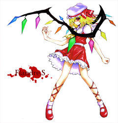 Rule 34 | 1girl, bad id, bad pixiv id, blonde hair, blood, female focus, flandre scarlet, full body, hat, hat ribbon, jouyo, legs, mary janes, mob cap, red eyes, ribbon, shoes, short hair, simple background, socks, solo, standing, touhou, white background, wings