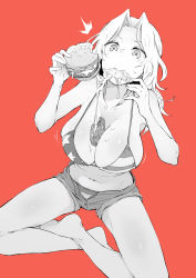 Rule 34 | 1girl, ^^^, american flag bikini, american flag print, armpit peek, bikini, bikini under clothes, blush, bouncing breasts, breasts, burger, cleavage, cropped, eating, flag print, food, food in mouth, food on body, food on breasts, girls und panzer, hair intakes, highres, indian style, kay (girls und panzer), large breasts, limited palette, messy, muteki soda, navel, open fly, open pants, orange background, pants, print bikini, short shorts, shorts, sitting, swimsuit, tomato, unzipped