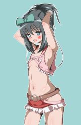 Rule 34 | 1girl, absurdres, armpits, arms up, bare shoulders, black hair, blue eyes, blush, bow, breasts, cuffs, facial mark, hair bow, highres, higure (hikiko2323), hip vent, kunihiro hajime, long hair, looking at viewer, navel, no panties, open mouth, ponytail, revealing clothes, saki (manga), shiny skin, small breasts, smile, solo, standing, star (symbol)