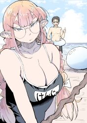 Rule 34 | 1boy, 1girl, 1other, absurdres, beach, black male swimwear, black one-piece swimsuit, bow, braid, breasts, brown hair, cleavage, cloud, double-parted bangs, elf, glasses, hadashi no kenji, hair bow, highres, innertube, large breasts, looking at viewer, male swimwear, one-piece swimsuit, outdoors, pointy ears, school swimsuit, slime (creature), staff, standing, sunglasses, swim ring, swimsuit, tanken hakken boku no isekai elf-san, thick eyebrows, thumbs up, twin braids, twintails, upper body