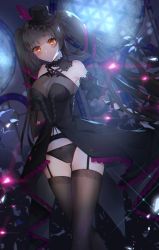 Rule 34 | 1girl, bare shoulders, black dress, black hair, black hat, black panties, black thighhighs, breasts, brown eyes, cameltoe, center opening, cleavage, detached sleeves, dress, frilled dress, frills, garter belt, gluteal fold, hat, highres, large breasts, lily bloomerchen, long hair, looking at viewer, open clothes, open dress, panties, poho, revealing clothes, smile, solo, soulworker, stained glass, standing, thighhighs, top hat, underwear, very long hair