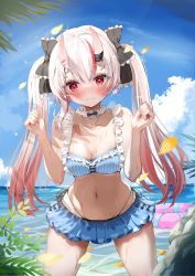 Rule 34 | 1girl, absurdres, bare shoulders, bikini, blush, bra, breasts, cleavage, collarbone, commentary request, frilled bikini, frilled skirt, frills, hair ribbon, highres, hololive, horns, keesuke (kkosyoku), legs, long hair, medium breasts, midriff, multicolored hair, nakiri ayame, nakiri ayame (hololive summer 2019), narrow waist, navel, neck ribbon, ocean, oni, outdoors, red eyes, revision, ribbon, skin-covered horns, skirt, streaked hair, summer, swimsuit, twintails, two-tone hair, underwear, virtual youtuber, wet