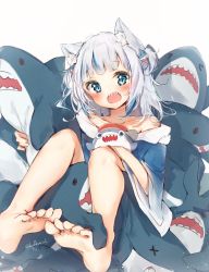 Rule 34 | 1girl, animal ear fluff, animal ears, barefoot, blue eyes, blush, cat ears, collarbone, feet, gawr gura, grey hair, hair ornament, hairpin, highres, hololive, hololive english, looking at viewer, medium hair, off shoulder, open mouth, seboneko, simple background, soles, solo, stuffed animal, stuffed toy, teeth, toes, twitter username, upper teeth only, virtual youtuber