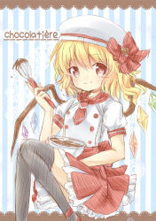 Rule 34 | 1girl, alternate costume, ascot, black thighhighs, blonde hair, bow, chocolate, female focus, flandre scarlet, french text, hair bow, hat, mimi (mimi puru), mixing bowl, red eyes, short hair, skirt, skirt set, smile, solo, striped, striped background, thighhighs, touhou, whisk, wings, wisp