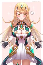Rule 34 | 1girl, absurdres, bare legs, bare shoulders, blonde hair, blush, breasts, chest jewel, cleavage, cleavage cutout, clothing cutout, dress, earrings, elbow gloves, embarrassed, flustered, gem, gloves, headpiece, highres, incoming hug, jewelry, large breasts, long hair, mythra (xenoblade), pov, short dress, shy, simple background, solo, speech bubble, swept bangs, taro (peach taro51), thigh strap, tiara, tsundere, very long hair, white dress, white gloves, xenoblade chronicles (series), xenoblade chronicles 2, yellow eyes